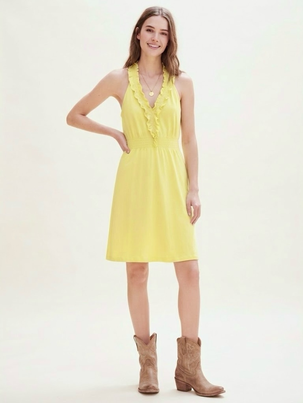 Theory Ruffle V-Neck Sleeveless Yellow Halter Dress